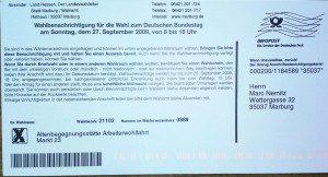 Wahlbenachrichtigung zur Bundestagswahl 2009