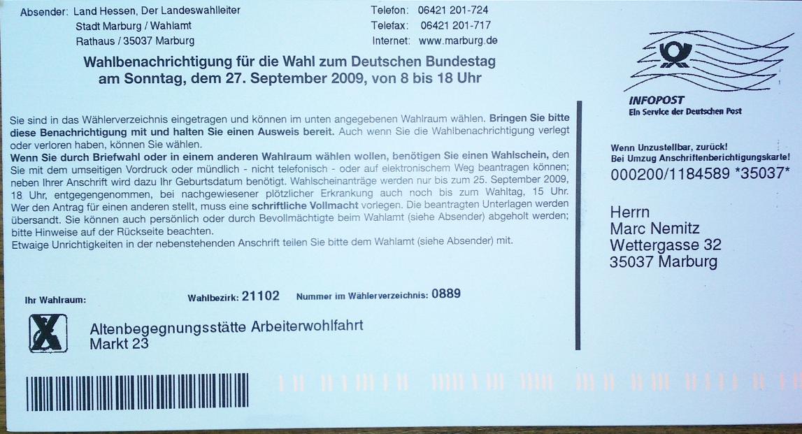 Die Wahlbenachrichtigungen sind da – Bundestagswahl 2009